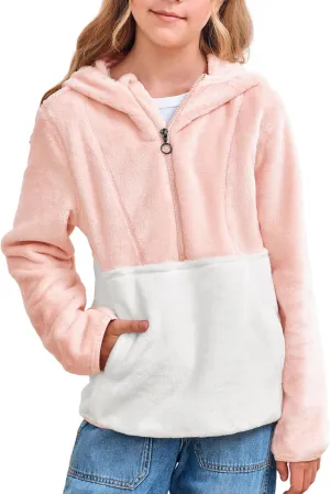Imily Bela Girls Fuzzy Sherpa Hoodies Kids Trendy Fleece Color Block Half Zip Pullover Sweatshirt with Pocket