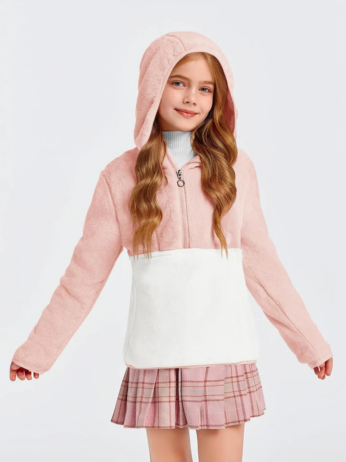 Imily Bela Girls Fuzzy Sherpa Hoodies Kids Trendy Fleece Color Block Half Zip Pullover Sweatshirt with Pocket