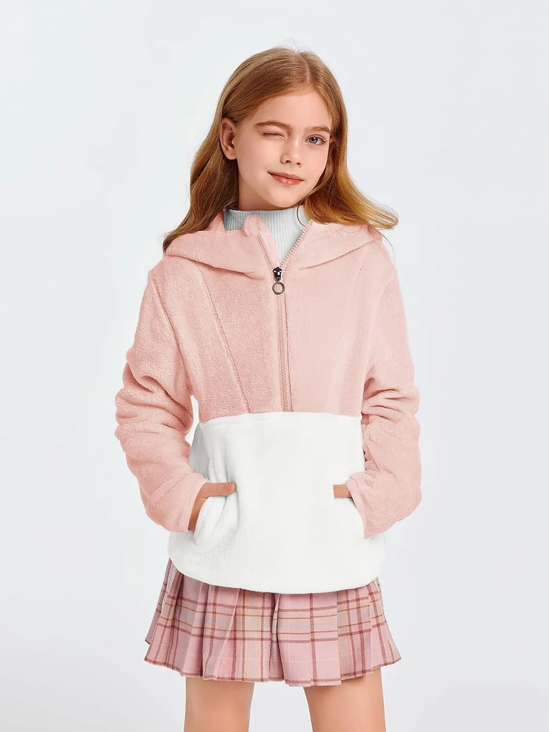 Imily Bela Girls Fuzzy Sherpa Hoodies Kids Trendy Fleece Color Block Half Zip Pullover Sweatshirt with Pocket