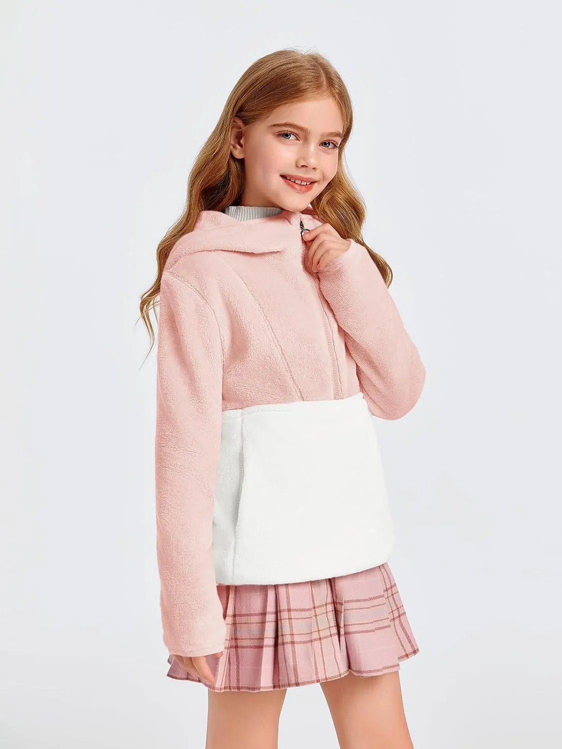Imily Bela Girls Fuzzy Sherpa Hoodies Kids Trendy Fleece Color Block Half Zip Pullover Sweatshirt with Pocket