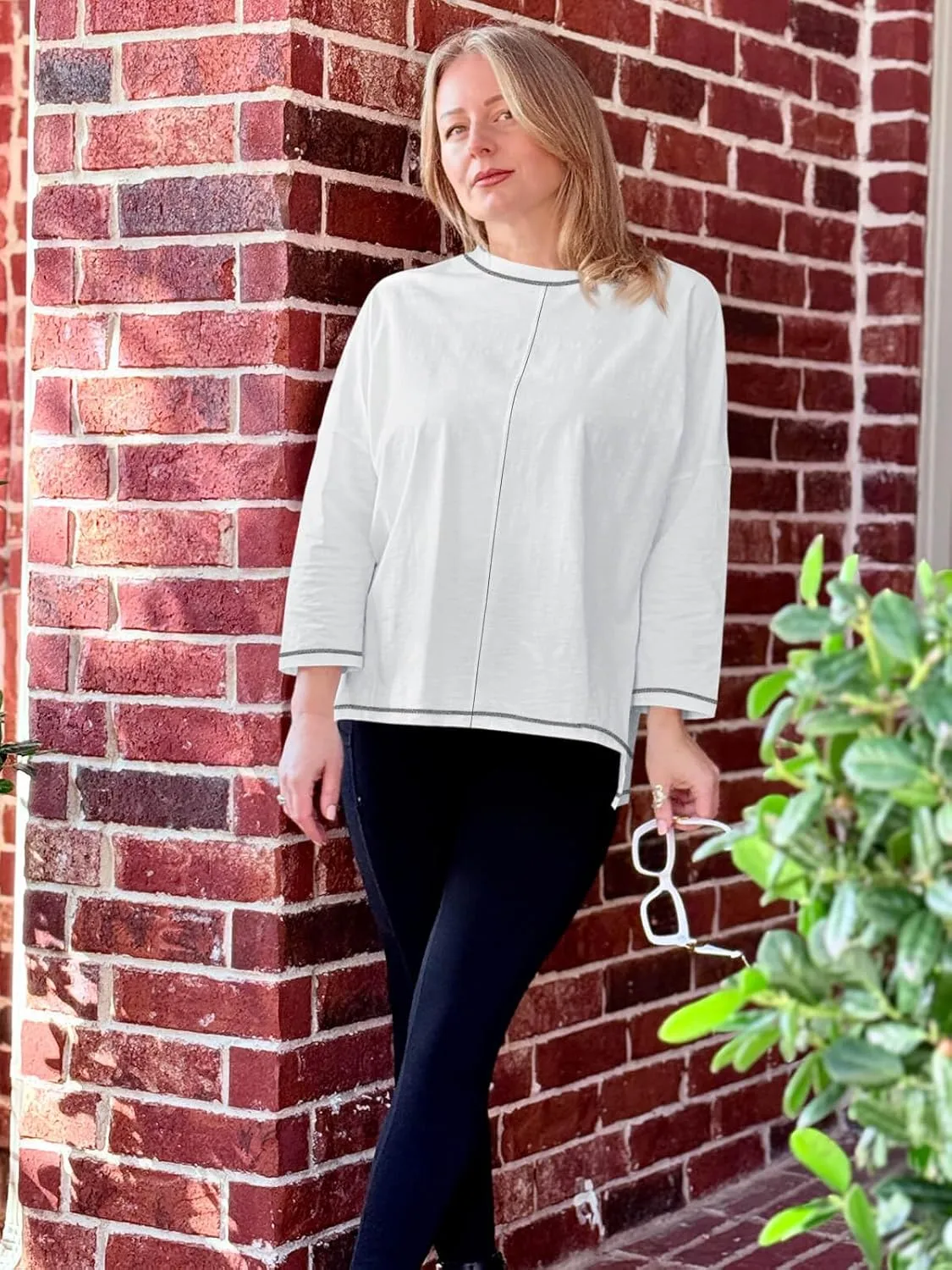 Imily Bela Womens Oversized Tops Long Sleeve Shirts Exposed Line Round Neck Tee Side Slit Cotton Basic Top 2025
