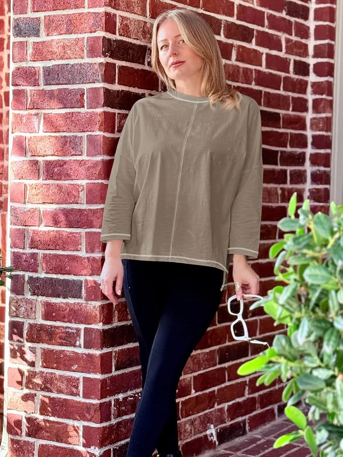 Imily Bela Womens Oversized Tops Long Sleeve Shirts Exposed Line Round Neck Tee Side Slit Cotton Basic Top 2025