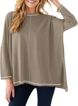 Imily Bela Womens Oversized Tops Long Sleeve Shirts Exposed Line Round Neck Tee Side Slit Cotton Basic Top 2025