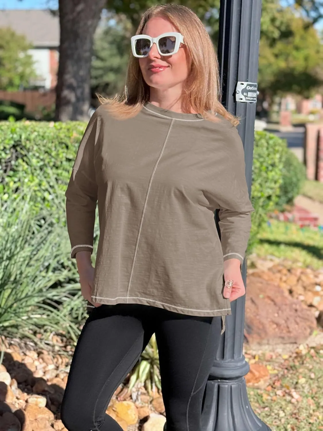 Imily Bela Womens Oversized Tops Long Sleeve Shirts Exposed Line Round Neck Tee Side Slit Cotton Basic Top 2025