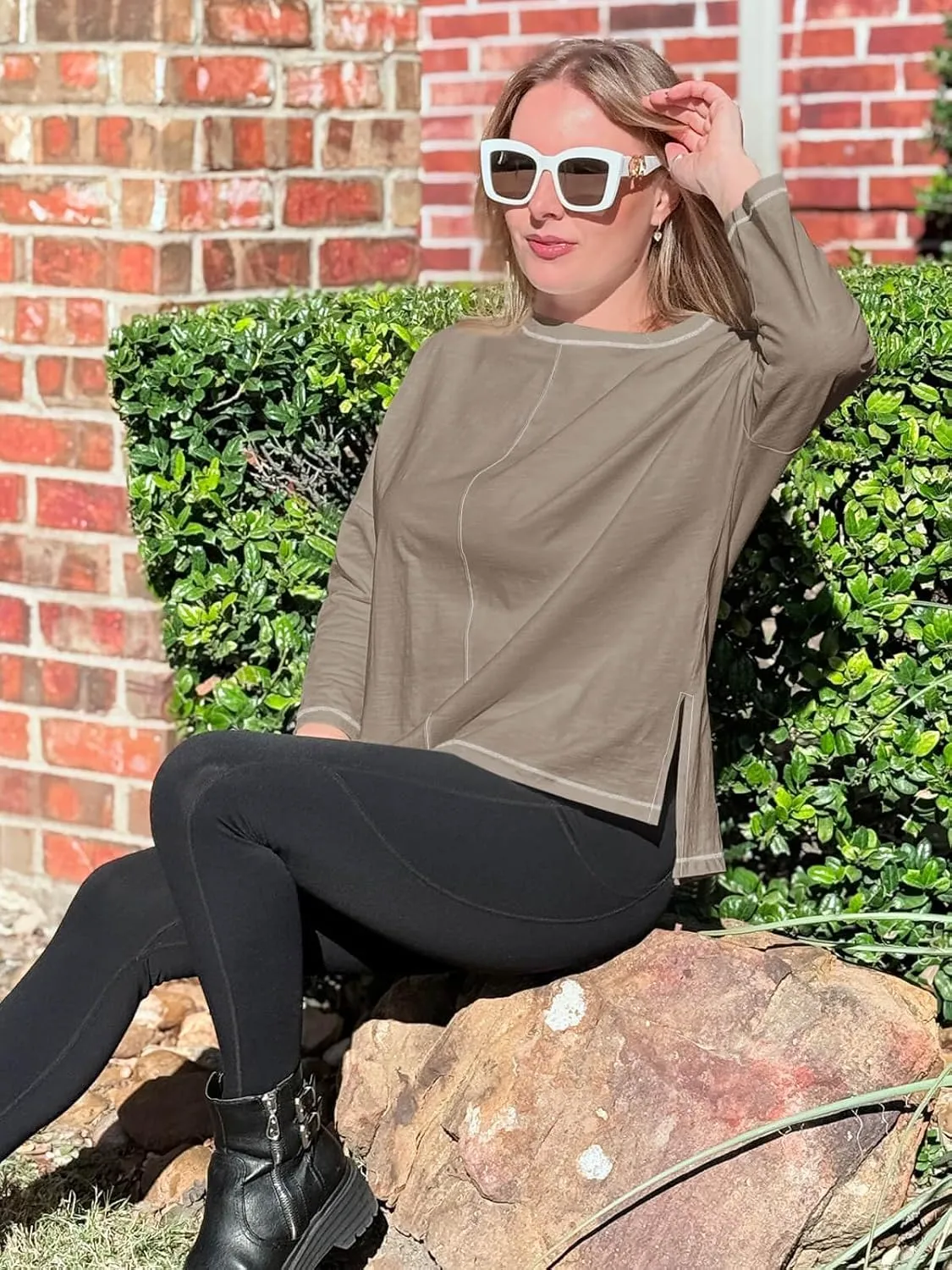 Imily Bela Womens Oversized Tops Long Sleeve Shirts Exposed Line Round Neck Tee Side Slit Cotton Basic Top 2025