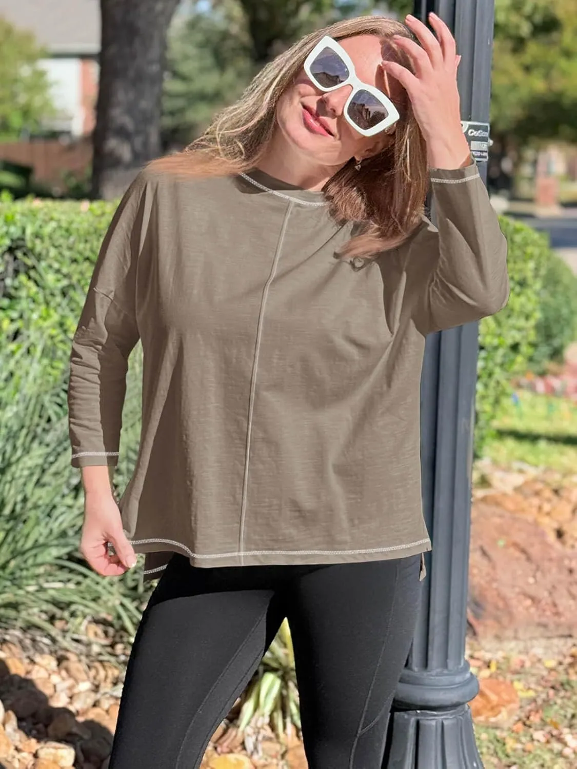 Imily Bela Womens Oversized Tops Long Sleeve Shirts Exposed Line Round Neck Tee Side Slit Cotton Basic Top 2025