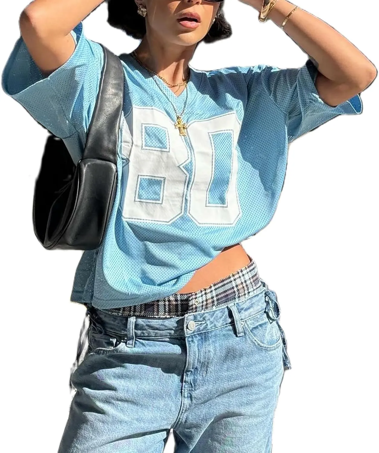 Jersey Shirts for Women Y2k Number Graphic Tees V Neck Half Sleeve Oversized T-Shirts Streetwear