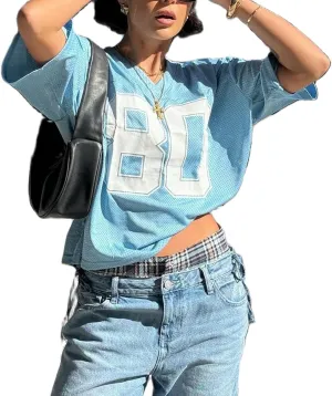 Jersey Shirts for Women Y2k Number Graphic Tees V Neck Half Sleeve Oversized T-Shirts Streetwear
