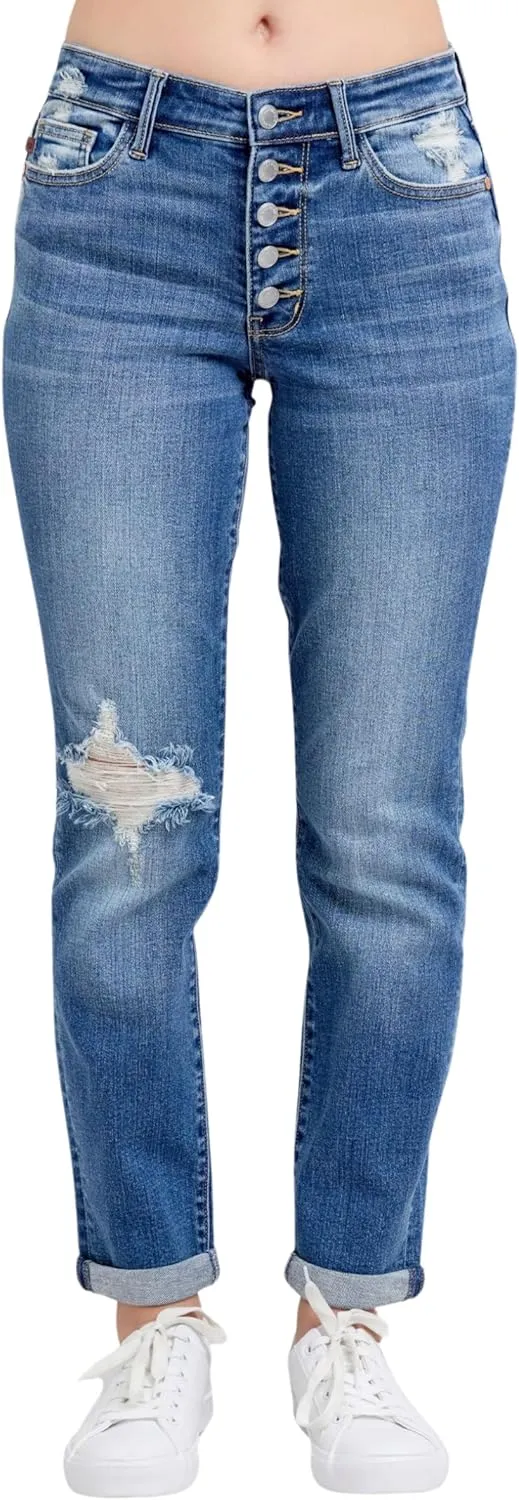 Judy Blue Mid Rise Button-Fly Boyfriend Jeans, Inseam 30"