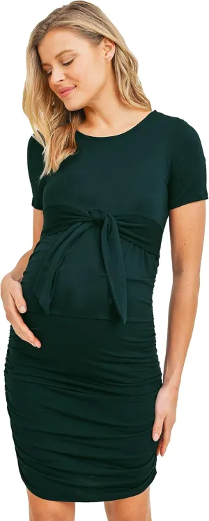 LaClef Maternity Short Sleeve Bodycon Dress with Tie Front, Side Ruched