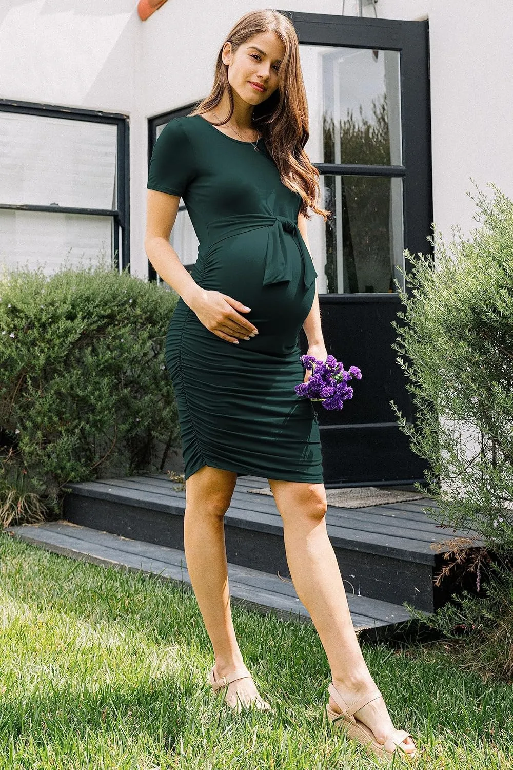 LaClef Maternity Short Sleeve Bodycon Dress with Tie Front, Side Ruched