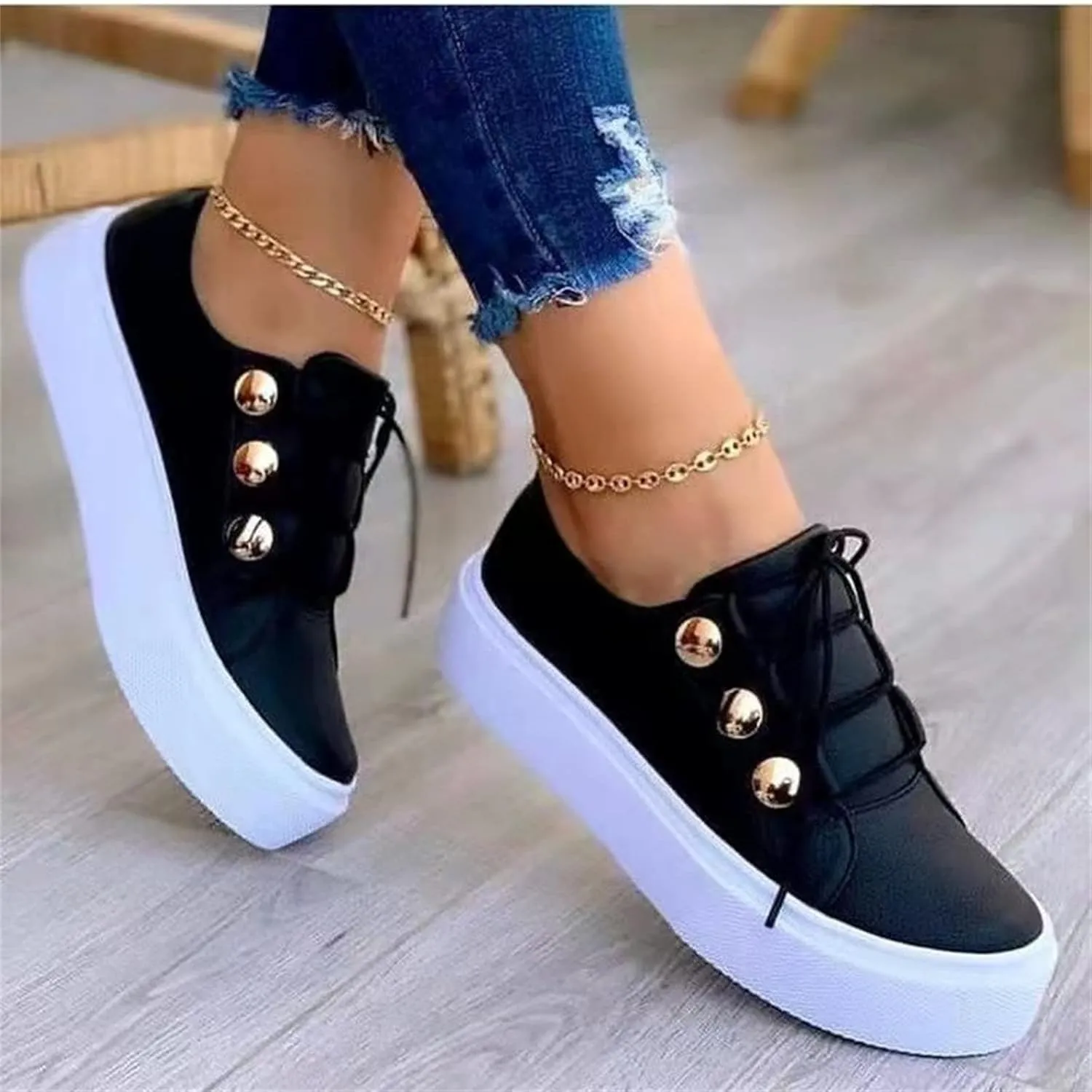 Ladmiple Sneakers For Women Slip On Wide Width Walking Shoes Fashion Lace Up Low Top Comfortable Platform Flats Loafers