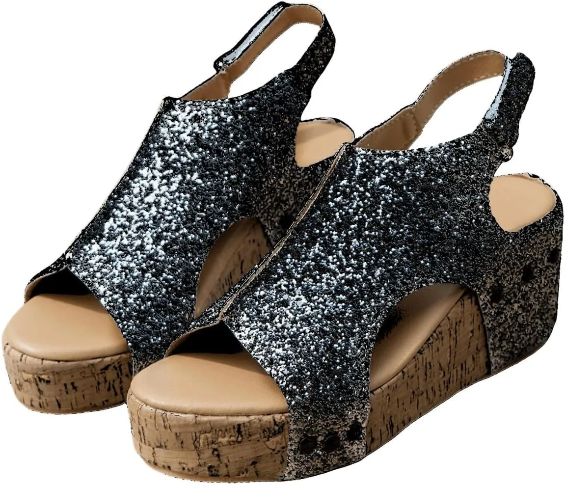 Ladmiple Womens Sandals Comfortable Dressy Wedge Heel Platform Sandals Casual Summer Slip on Rhinestone Glitter Dress Shoes