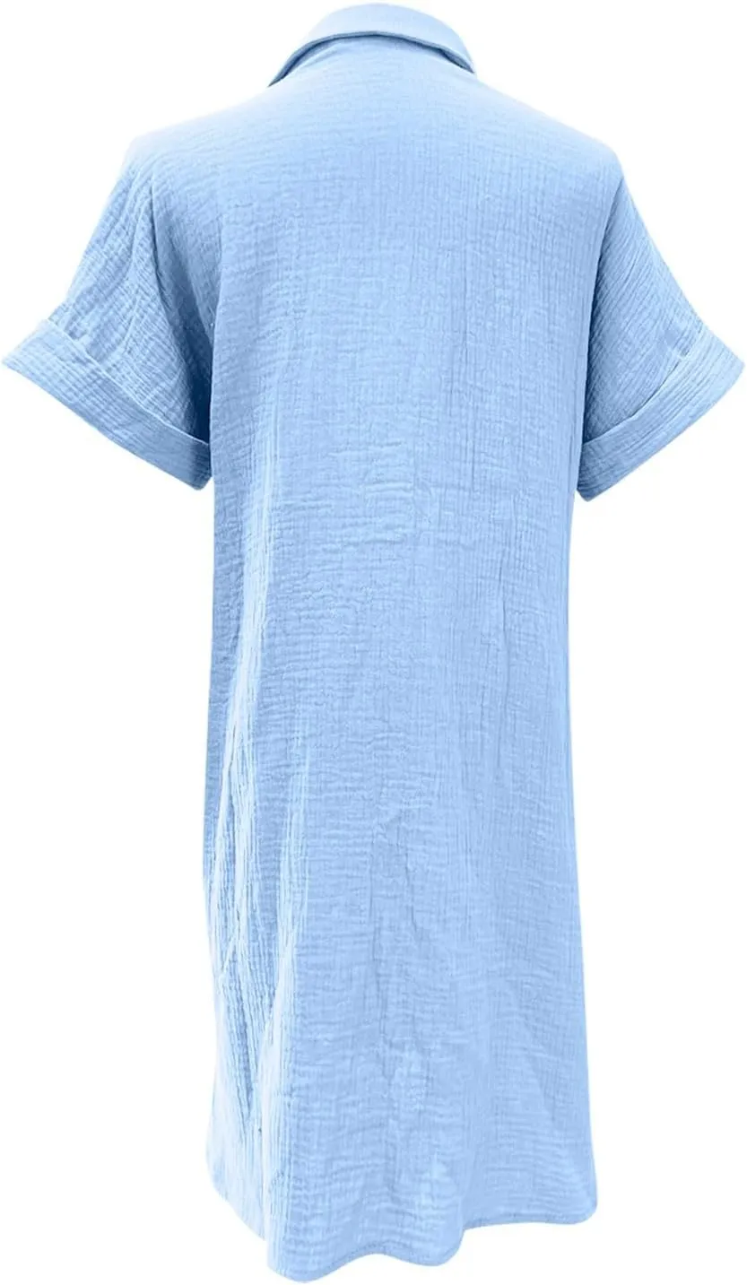 LEMONONSTORE Womens Button-Down Cotton Tunic Shirt Dress with Pockets Summer Roll-Up Sleeves Shift Casual Beach Dresses