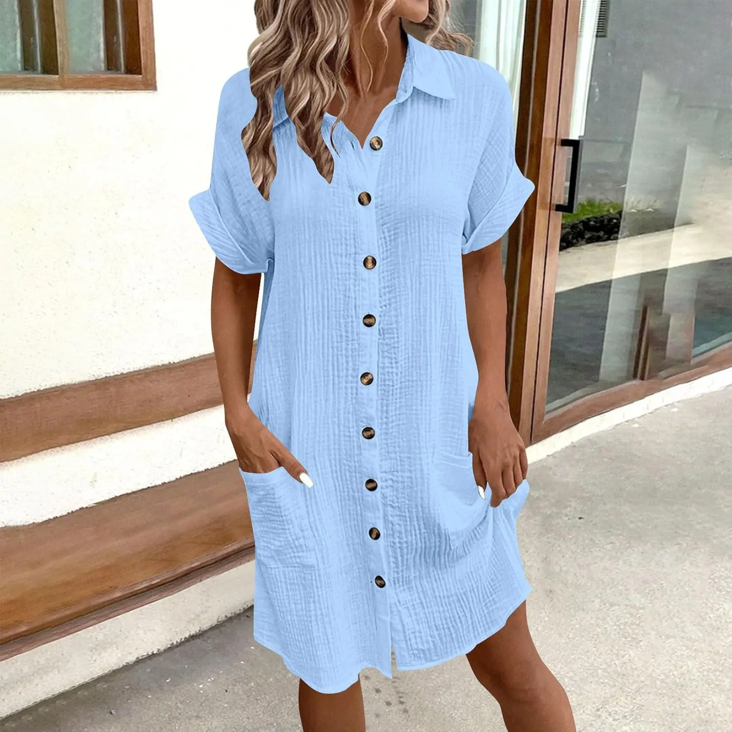 LEMONONSTORE Womens Button-Down Cotton Tunic Shirt Dress with Pockets Summer Roll-Up Sleeves Shift Casual Beach Dresses