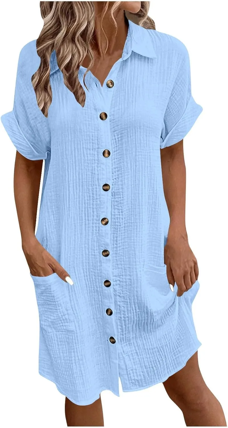 LEMONONSTORE Womens Button-Down Cotton Tunic Shirt Dress with Pockets Summer Roll-Up Sleeves Shift Casual Beach Dresses