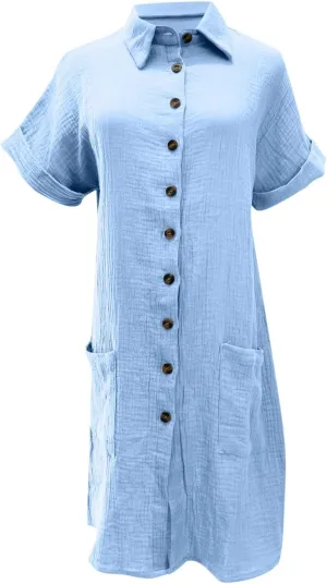 LEMONONSTORE Womens Button-Down Cotton Tunic Shirt Dress with Pockets Summer Roll-Up Sleeves Shift Casual Beach Dresses