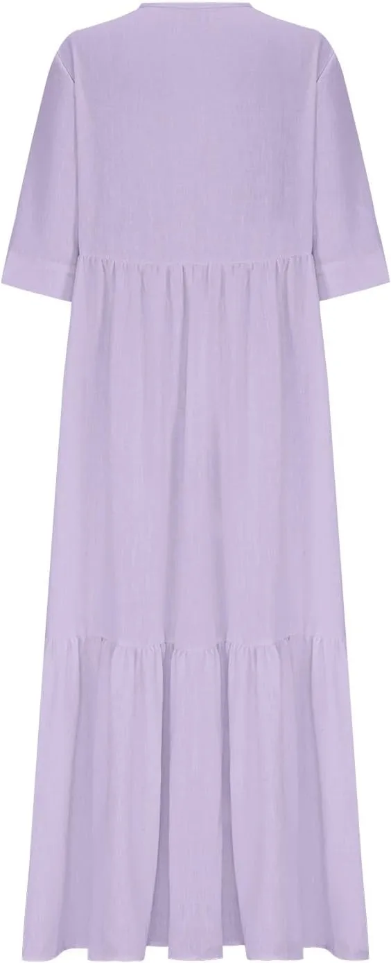 Linen Dresses for Women 2025 Trendy V Neck Front Tie Flowy Maxi Dress Elegant 3/4 Sleeves Solid Color Long Sundress