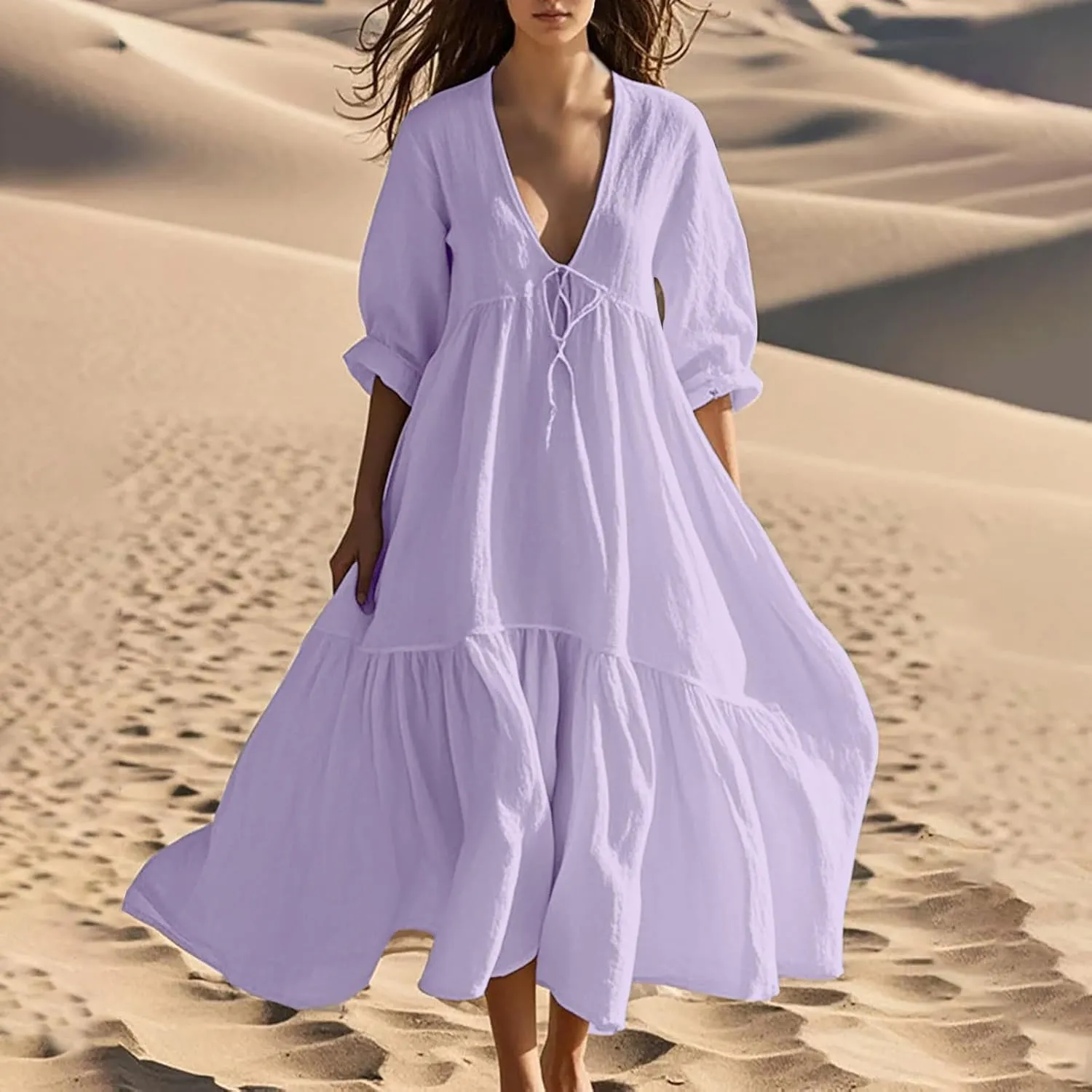 Linen Dresses for Women 2025 Trendy V Neck Front Tie Flowy Maxi Dress Elegant 3/4 Sleeves Solid Color Long Sundress