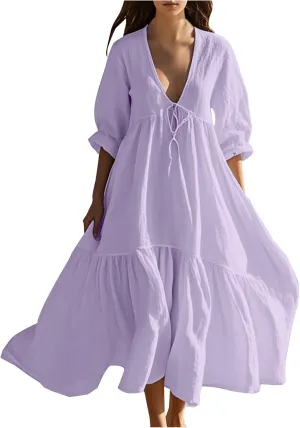 Linen Dresses for Women 2025 Trendy V Neck Front Tie Flowy Maxi Dress Elegant 3/4 Sleeves Solid Color Long Sundress