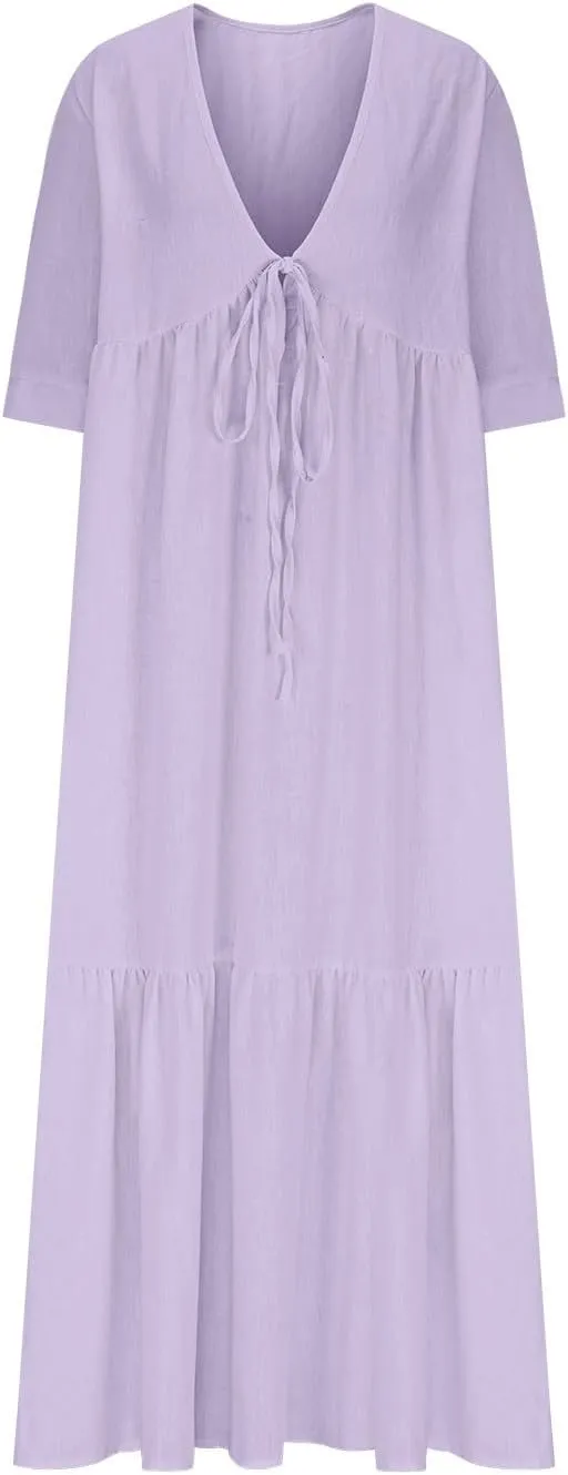 Linen Dresses for Women 2025 Trendy V Neck Front Tie Flowy Maxi Dress Elegant 3/4 Sleeves Solid Color Long Sundress
