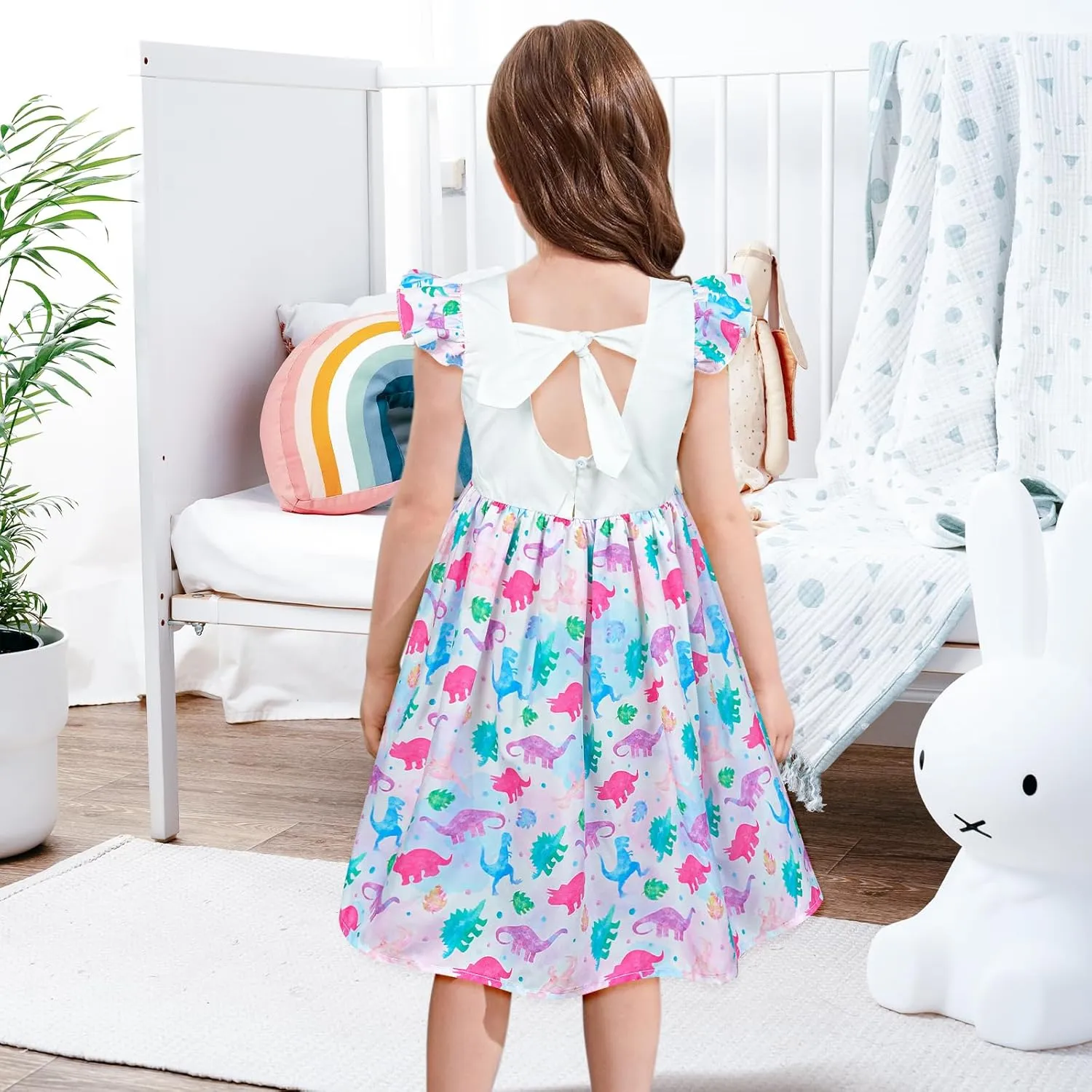 Little Toddler Girls Dress Flutter Sleeve Cute Mermaid Dinosaur Floral Summer Dresses Sundress with Pocket 2-7 Years