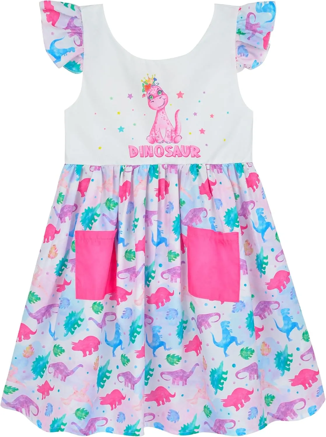 Little Toddler Girls Dress Flutter Sleeve Cute Mermaid Dinosaur Floral Summer Dresses Sundress with Pocket 2-7 Years