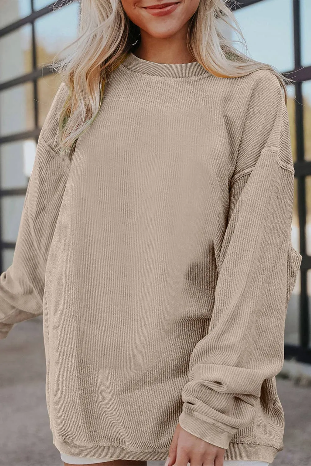 Long Sleeve Ribbed Corded Oversized Sweatshirt
