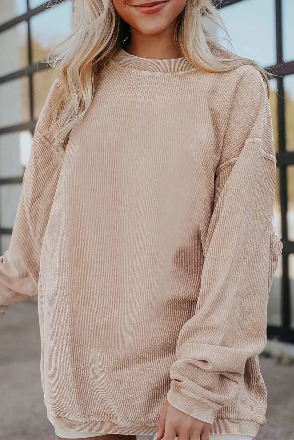 Long Sleeve Ribbed Corded Oversized Sweatshirt