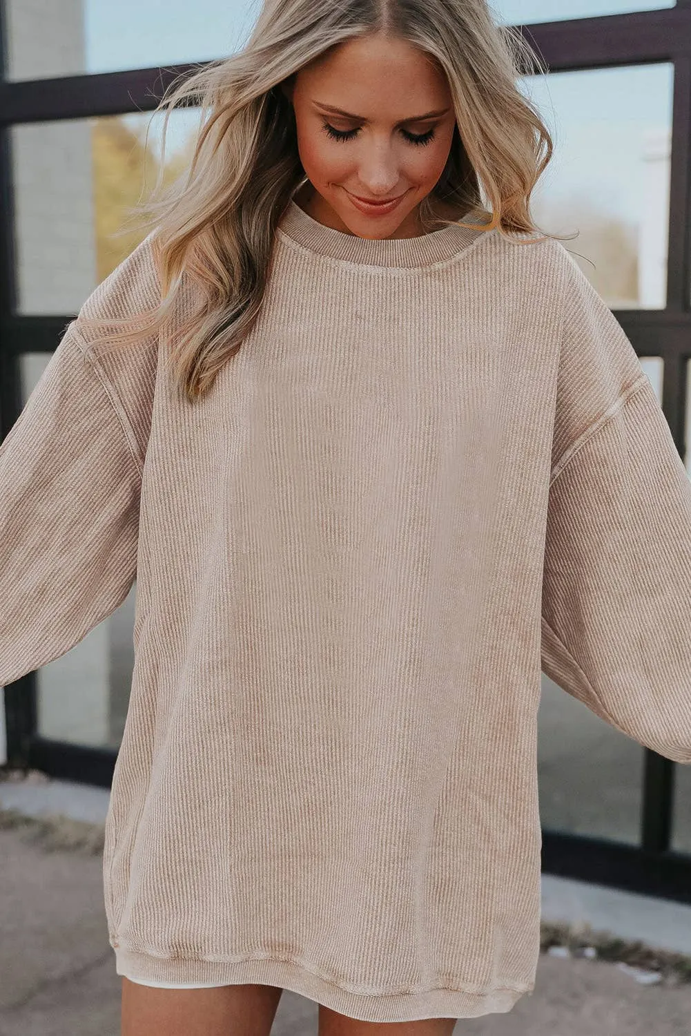 Long Sleeve Ribbed Corded Oversized Sweatshirt