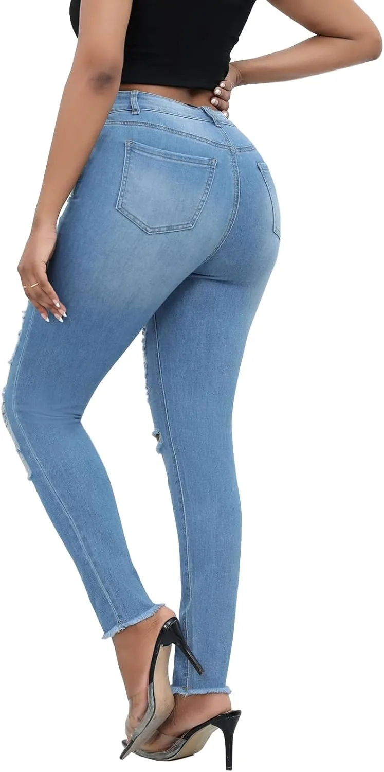 LONGBIDA Ripped Jeans for Women Trendy High Waisted Sexy Butt Lift Skinny Stretch Denim Pants