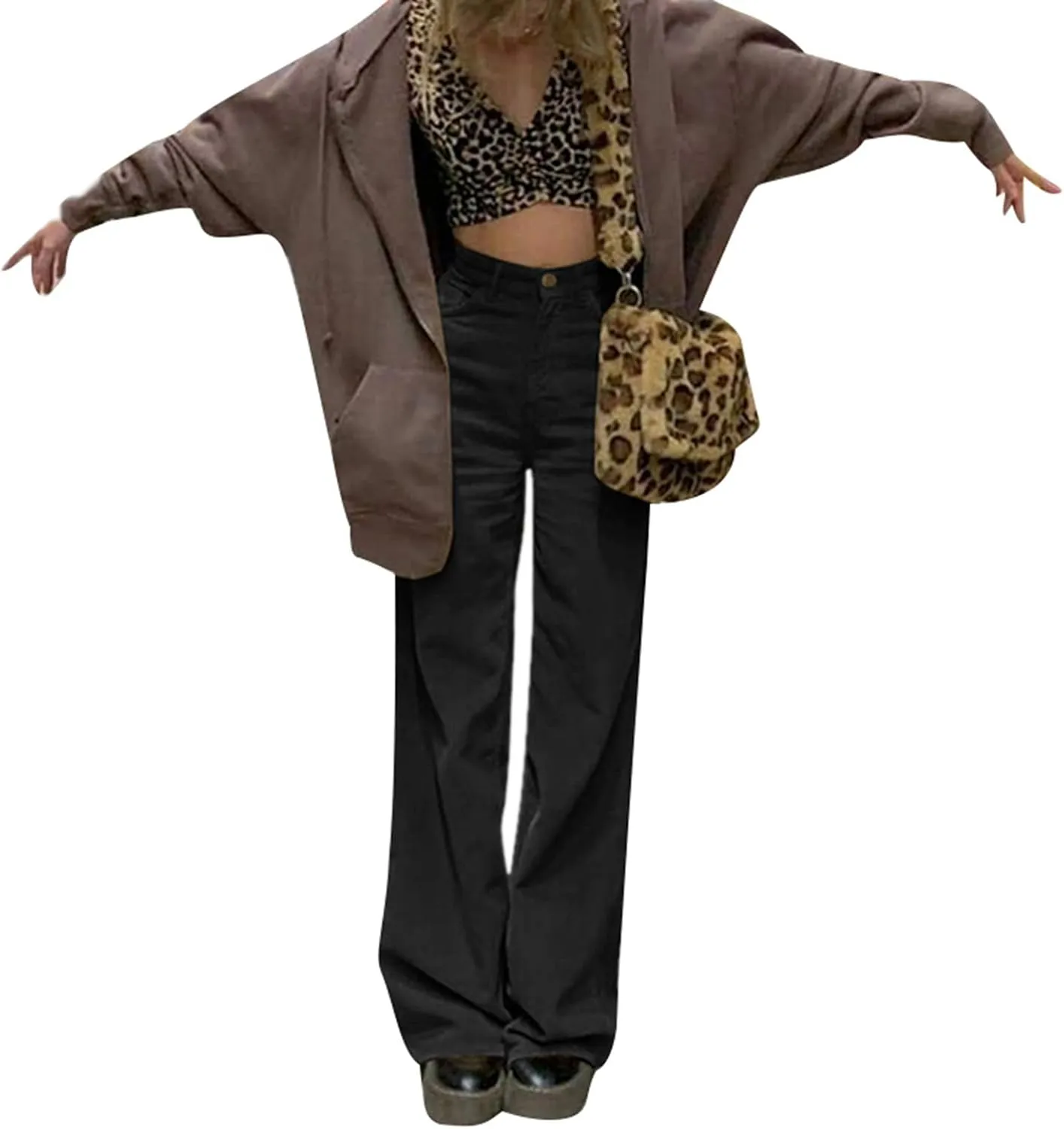 Madjtlqy Women's Casual Pants for Work Mid Waisted Solid Color Y2K Straight Leg Cargo Pants Baggy Trendy Wide Leg Trousers