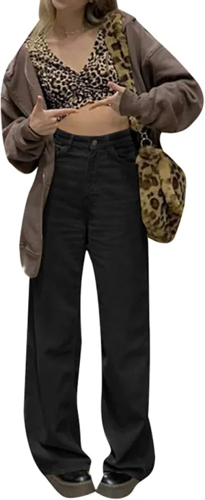 Madjtlqy Women's Casual Pants for Work Mid Waisted Solid Color Y2K Straight Leg Cargo Pants Baggy Trendy Wide Leg Trousers