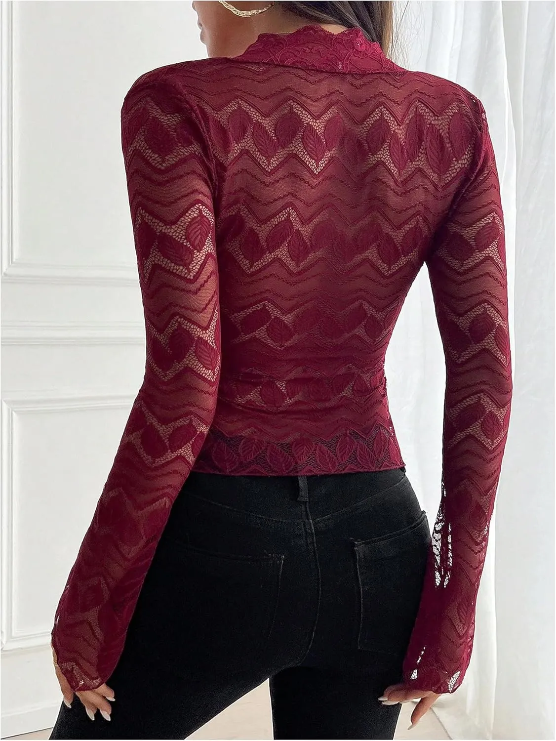 MakeMeChic Women's Lace Sheer Mesh Deep V Neck Bell Sleeve Crop Tops Party Tee Shirt
