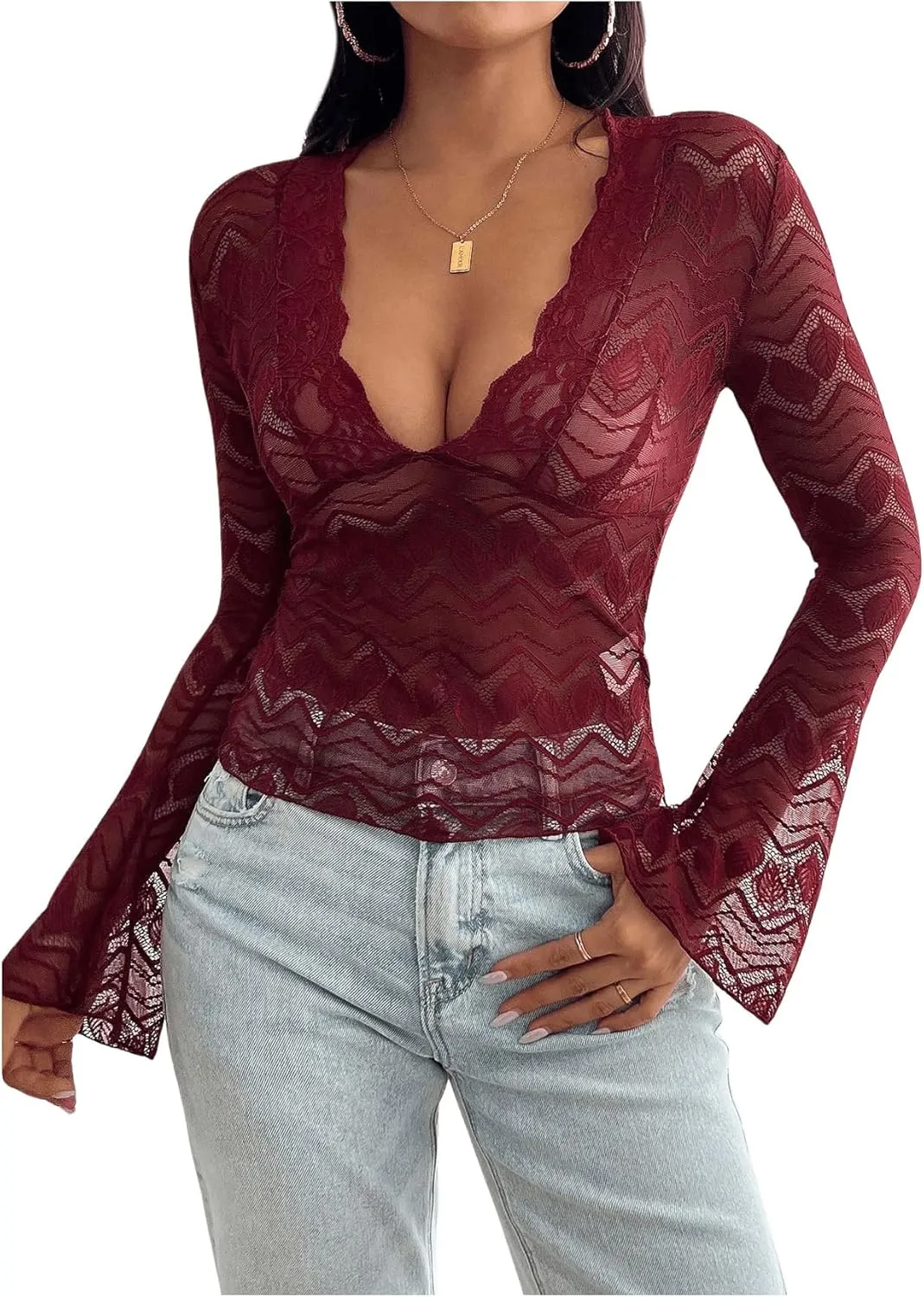 MakeMeChic Women's Lace Sheer Mesh Deep V Neck Bell Sleeve Crop Tops Party Tee Shirt