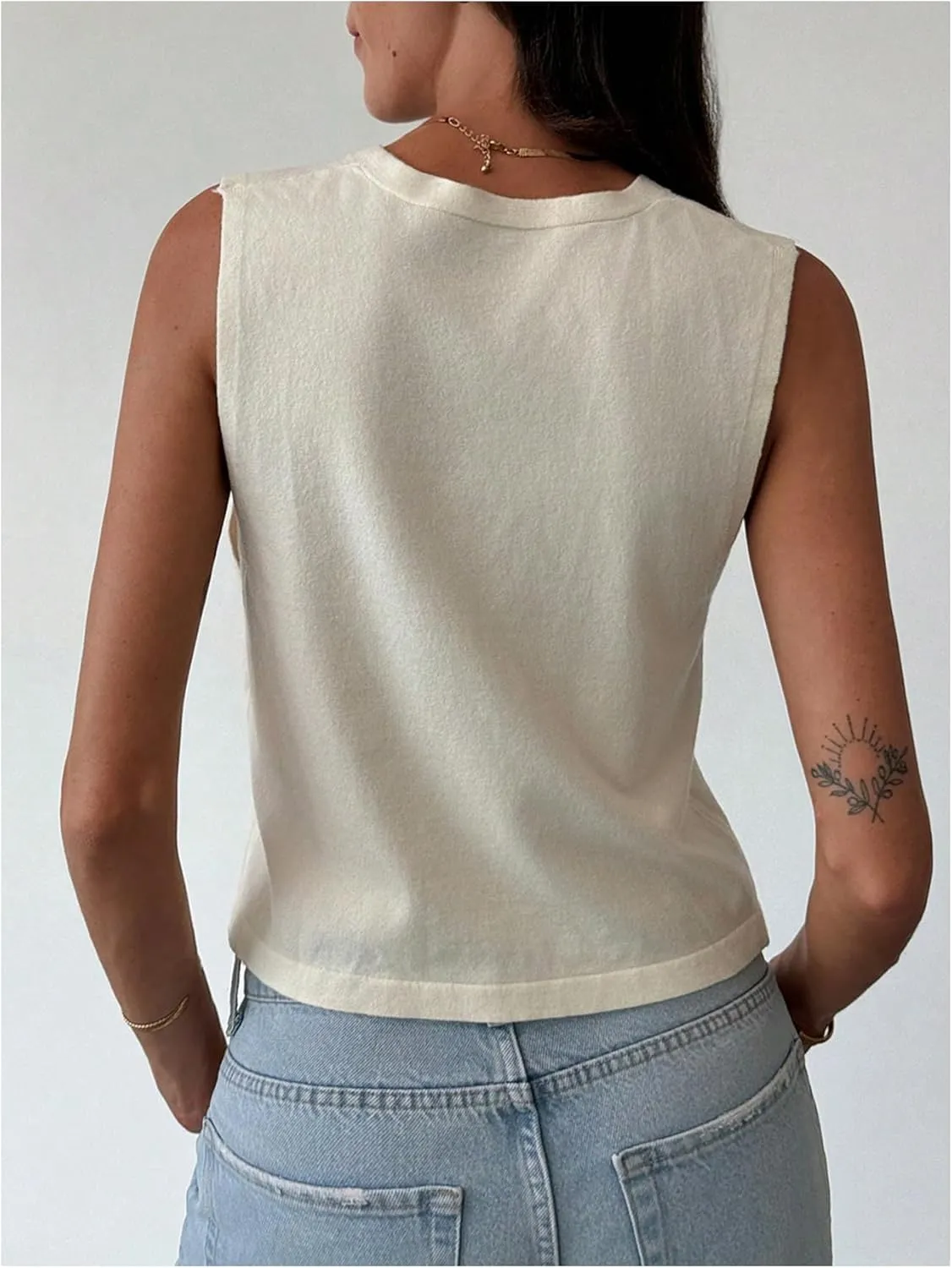 MakeMeChic Women's Pearl Button Vest V Neck Knitted Sleeveless Crop Tops Sweater