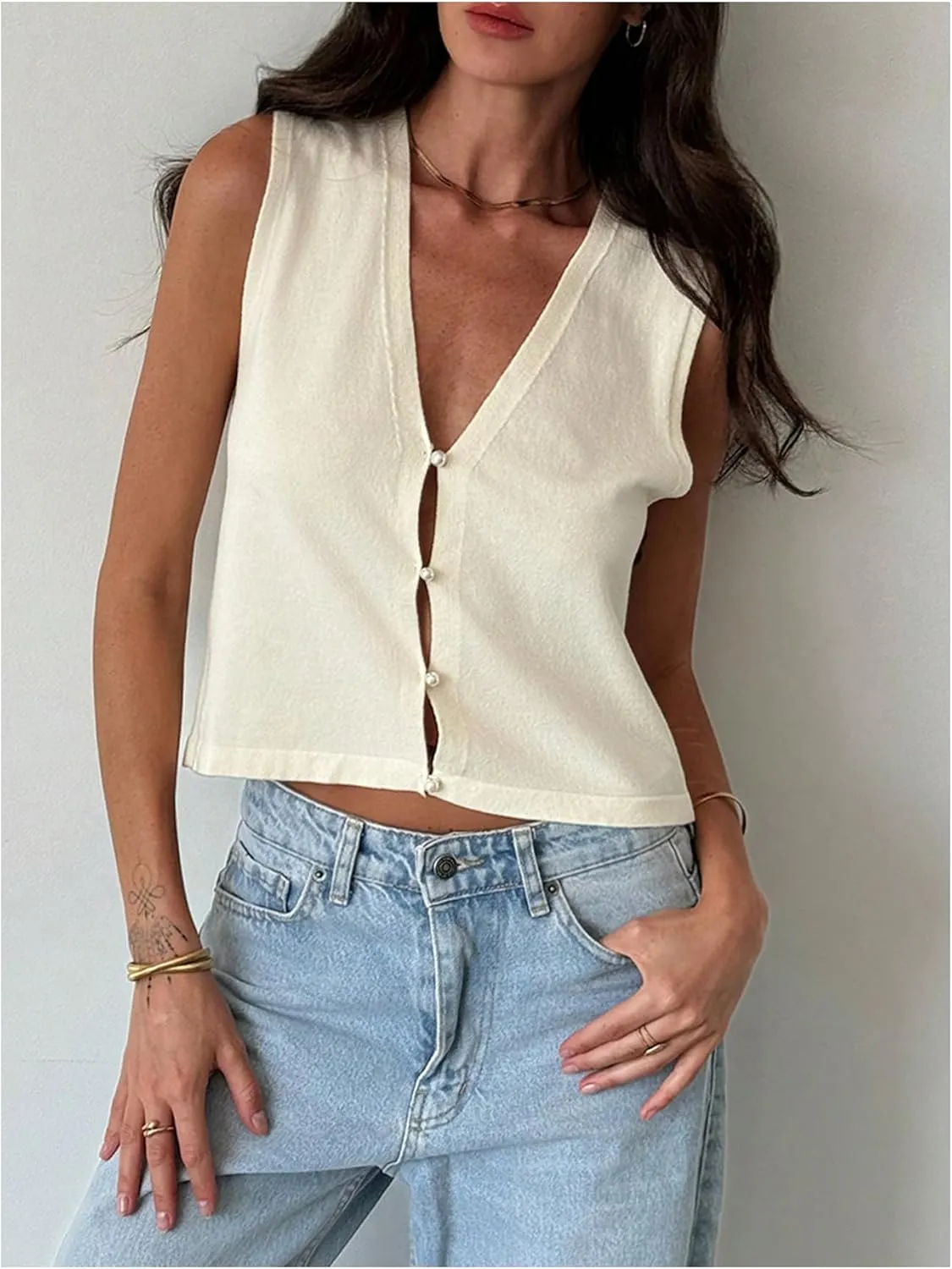 MakeMeChic Women's Pearl Button Vest V Neck Knitted Sleeveless Crop Tops Sweater