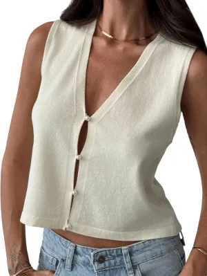 MakeMeChic Women's Pearl Button Vest V Neck Knitted Sleeveless Crop Tops Sweater