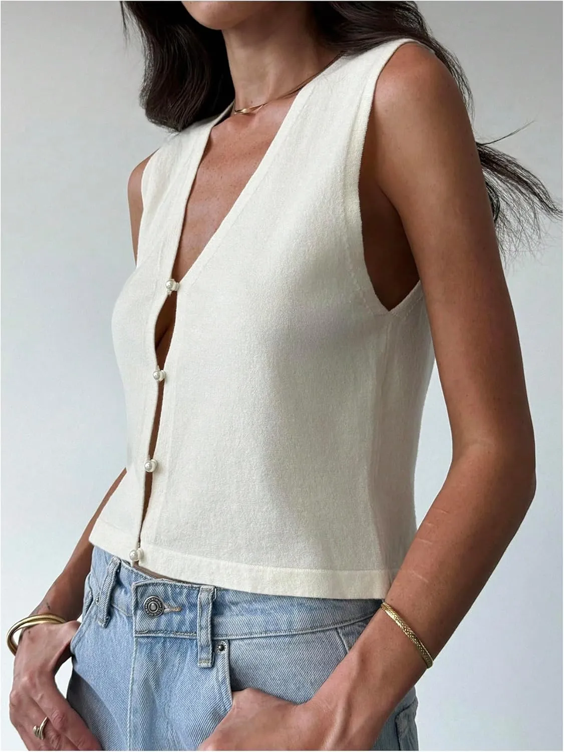 MakeMeChic Women's Pearl Button Vest V Neck Knitted Sleeveless Crop Tops Sweater