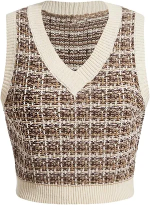 MakeMeChic Women's Plaid V Neck Sweater Vest Sleeveless Knit Cropped Tank Top