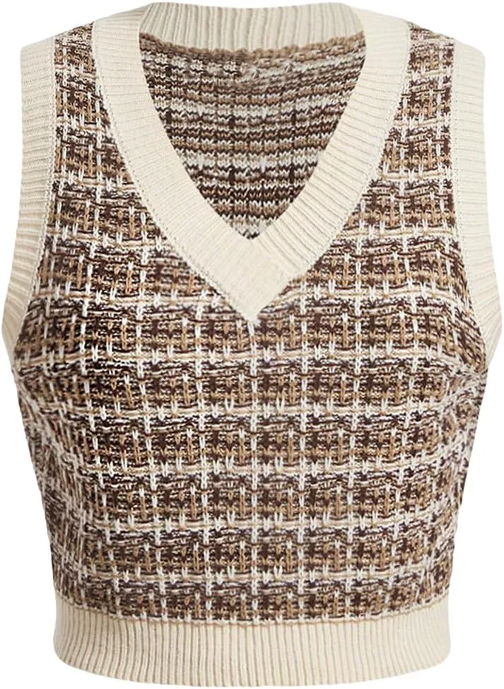 MakeMeChic Women's Plaid V Neck Sweater Vest Sleeveless Knit Cropped Tank Top