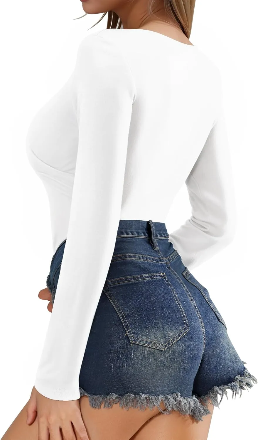 MANGOPOP Women's Cross Wrap Ruched Plunge Neck Deep V Long Sleeve Short Sleeve Bodysuits