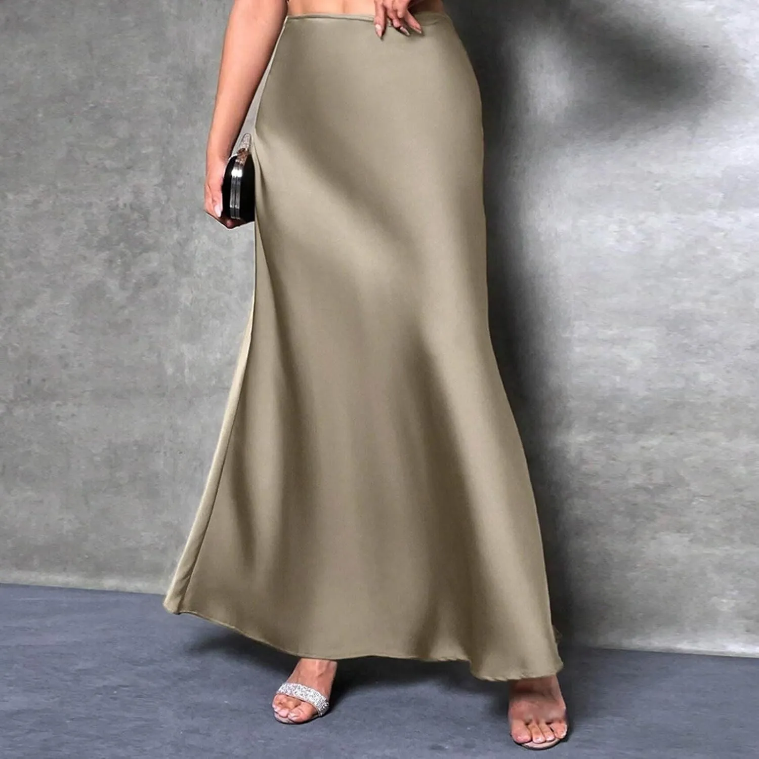 Maxi Skirts for Women Summer Trendy Soft Solid A Line Long Skirt with Zipper Flowy Satin Skirt Casual Dressy Work