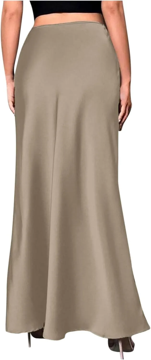 Maxi Skirts for Women Summer Trendy Soft Solid A Line Long Skirt with Zipper Flowy Satin Skirt Casual Dressy Work