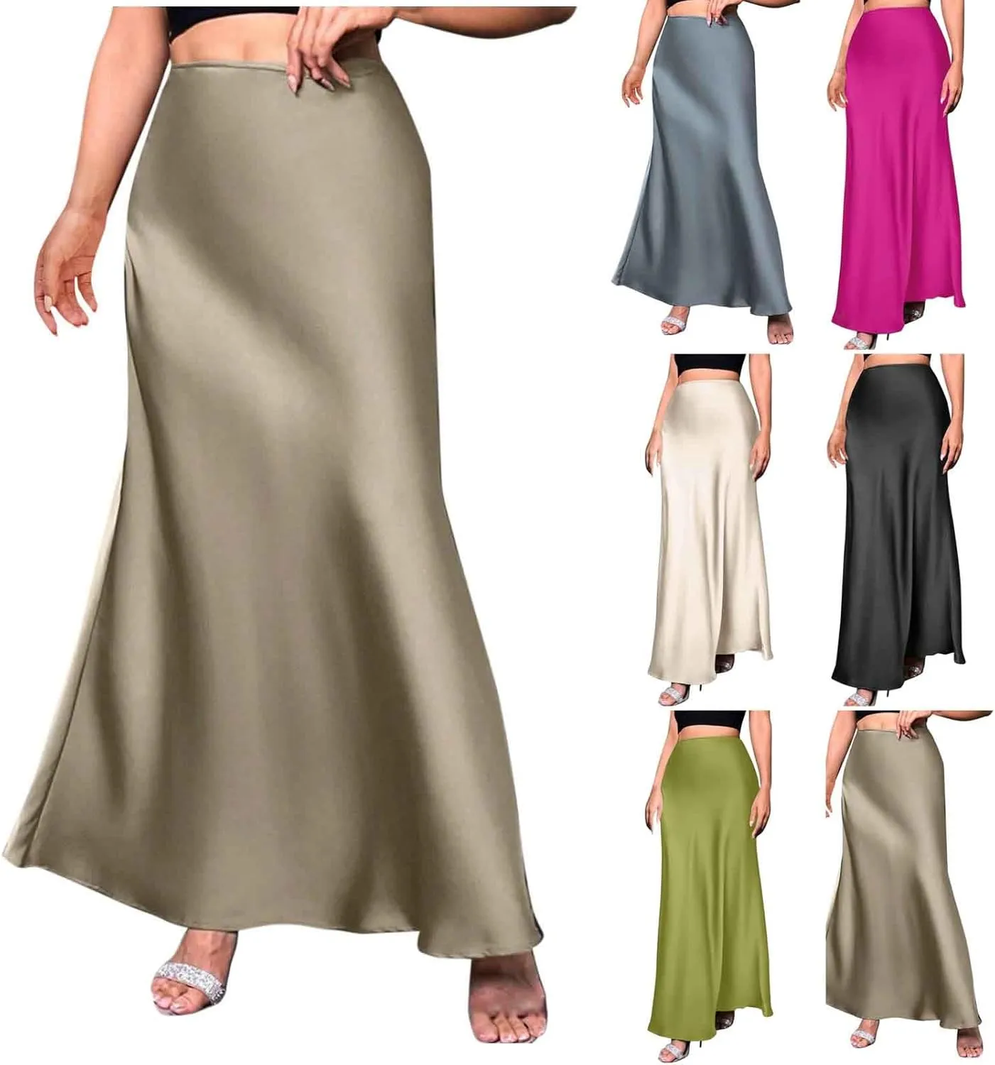 Maxi Skirts for Women Summer Trendy Soft Solid A Line Long Skirt with Zipper Flowy Satin Skirt Casual Dressy Work