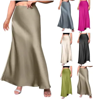 Maxi Skirts for Women Summer Trendy Soft Solid A Line Long Skirt with Zipper Flowy Satin Skirt Casual Dressy Work