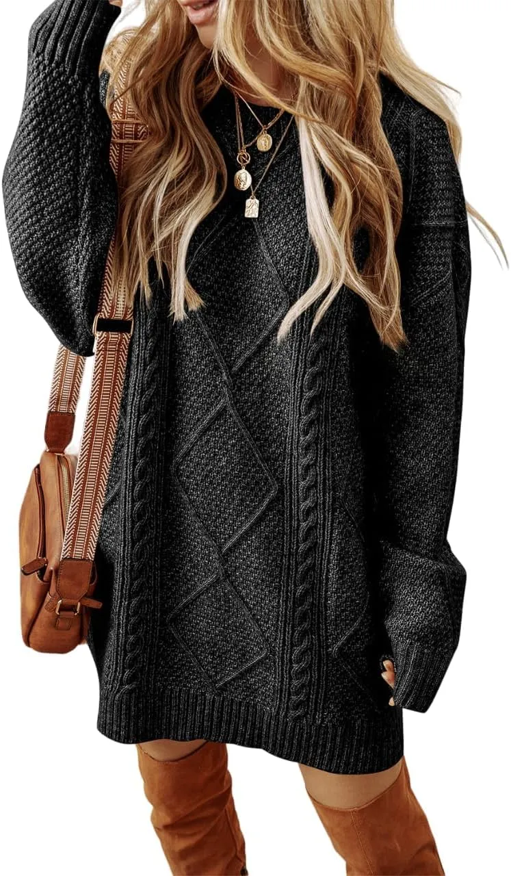 Melliflo Women's Cable Knit Sweater Dress - Parchment Loose Fit Drop Shoulder Dress for Fall & Winter