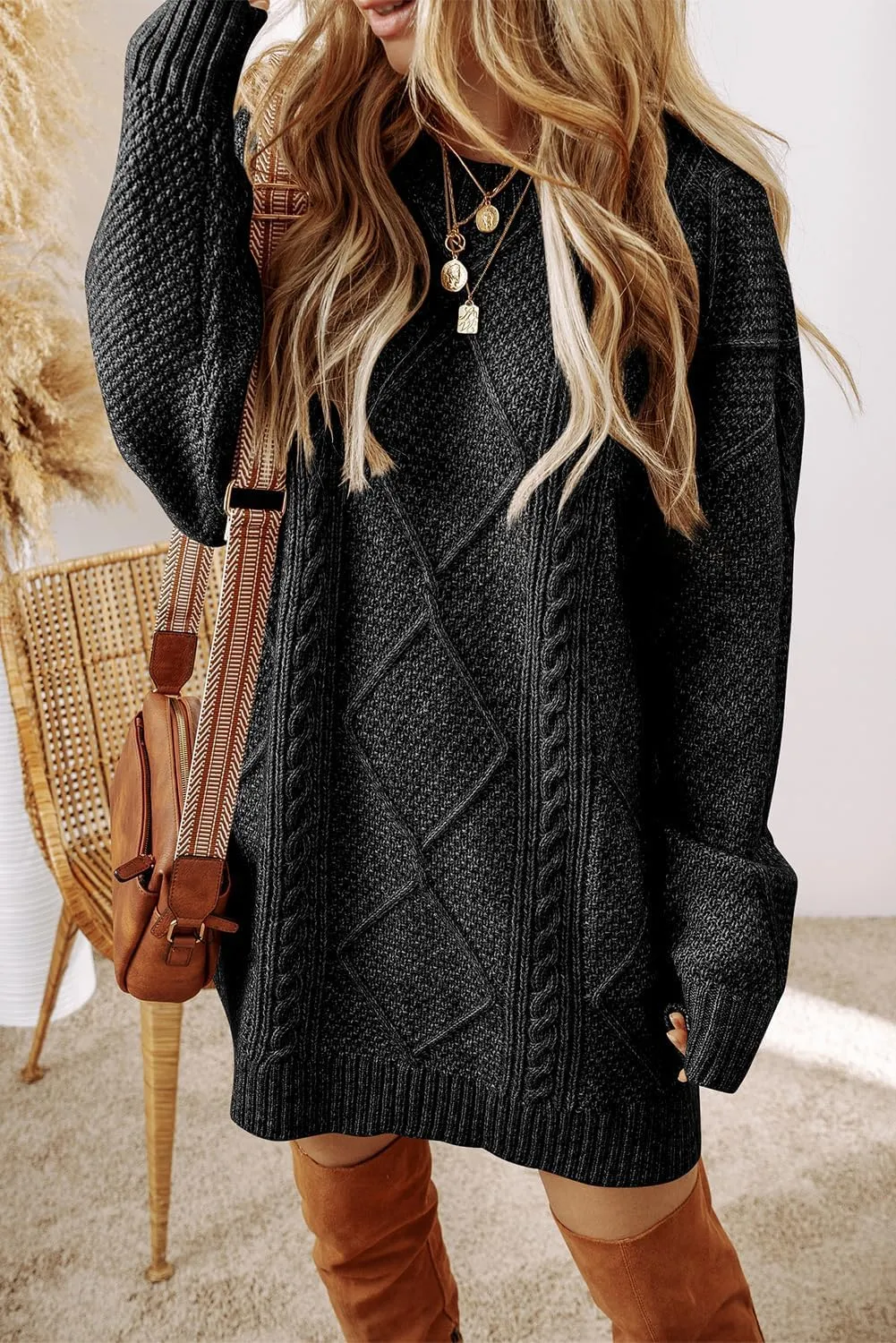 Melliflo Women's Cable Knit Sweater Dress - Parchment Loose Fit Drop Shoulder Dress for Fall & Winter