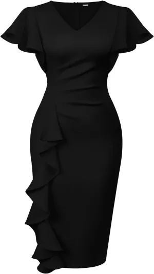 Memoriesea Women's Sexy V Neck Ruffle Short Sleeve Bodycon Cocktail Work Midi Dress