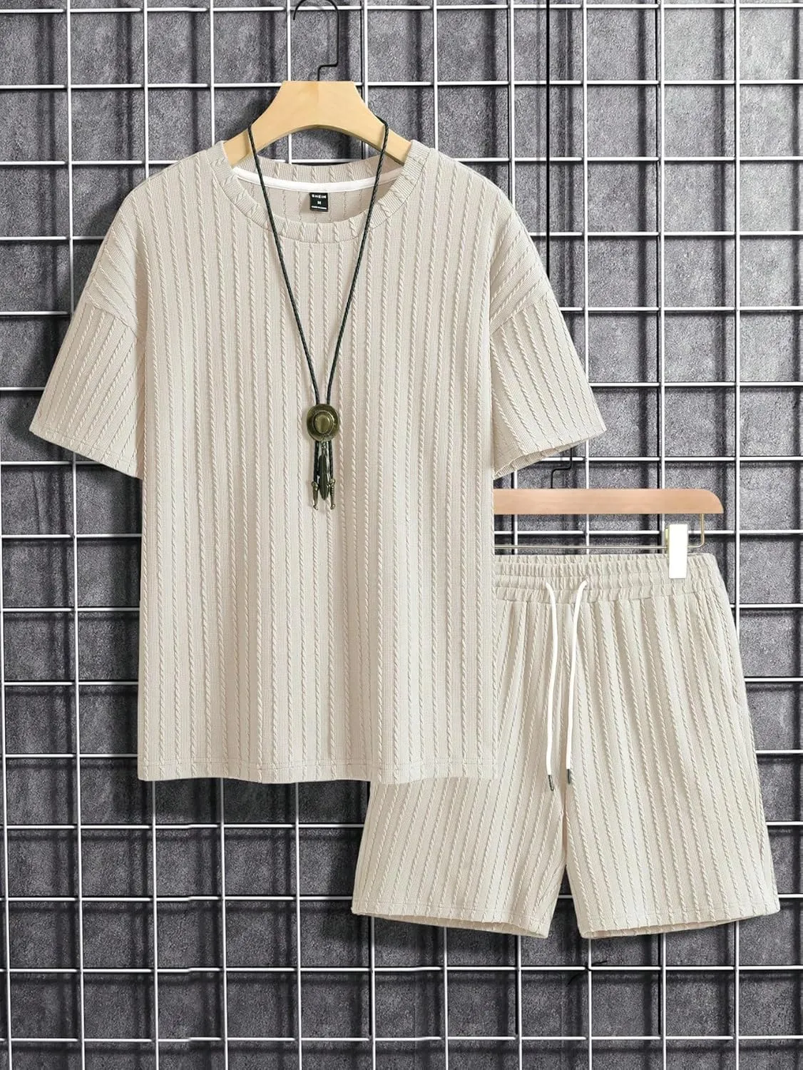 Men's 2 Piece Outfits Textured Drop Shoulder T Shirt and Short Sets Summer Outfits Tracksuit